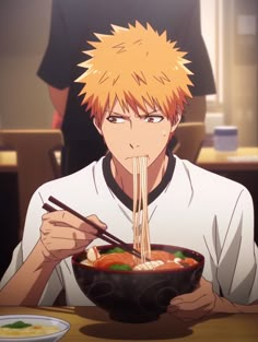 an anime character eating ramen with chopsticks