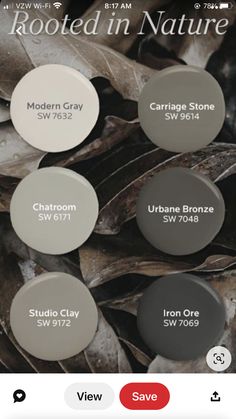 an image of some white and gray paint colors in the same color scheme, with text that reads rooted in nature