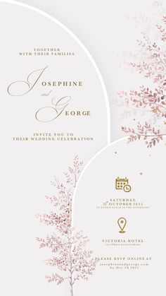 an elegant wedding card with pink flowers on it