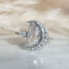 Moon Engagement Ring, Half Moon Diamond, Gray Ring, Crescent Moon Ring, Unique Diamond Rings, Moon Shape, Unique Diamonds, Moon Shapes, Unique Jewelry Designs