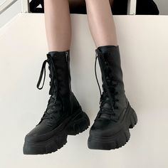 Swaggy Shoes, Goth Platform Shoes, Women's Mid Calf Boots, Winter Goth, Goth Platforms, Grunge Shoes, Portfolio Project, Harajuku Punk, Gothic Shoes