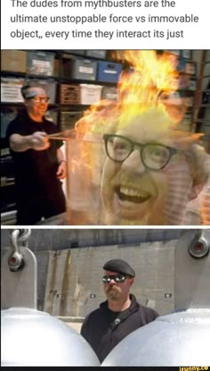 two pictures with the same caption and one has an image of a man on fire