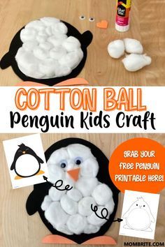 this penguin craft is perfect for kids to make with cotton balls and other things that are on the table