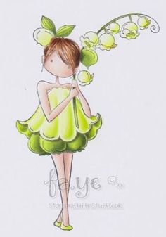 a drawing of a girl in a green dress with flowers on her head and hands behind her back