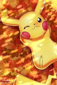 a yellow pokemon pikachu standing in front of fall leaves