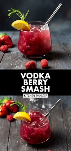 vodka berry smash with lemon and rosemary garnish