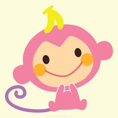 a pink monkey with a banana on top of it's head is smiling at the viewer