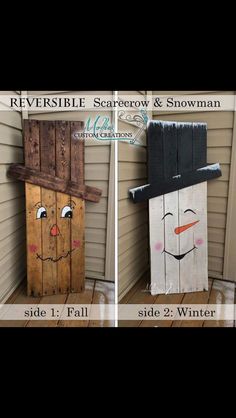 two wooden snowmen made out of pallets and wood planks, each with faces painted on them