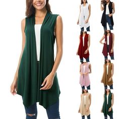 About cardigan vest for women sleeveless : Features: Dyegold Women's Sleeveless Cardigan Casual Long Open Front Flowy Drape Asymmetric Hem Plus Size Lightweight Vest Jackets If you want a unique pattern in your everyday wardrobe, this womens vests fashion casual is the exact piece you need! The simple silhouette is casual chic and never out of date. It will be a perfect gift for your girlfriend, wife, mama, auntie, grandma, or your best friends! Occasion:This sleeveless jacket women is pretty gr Cardigan Vest Sleeveless, Long Sleeveless Cardigan, Vest Style Women, Vest Jackets, Plus Size Vests, Sleeveless Duster, Vest For Women, Lightweight Vest, Tops Style