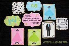 decorated cookies are arranged in the shape of dresses and men's suits with words written on them