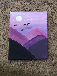 an acrylic painting of mountains with birds flying in the sky at night time