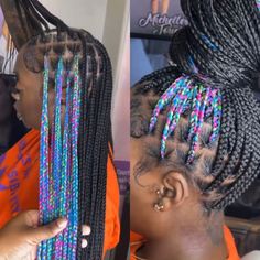 Pink Green And Blue Peekaboo Braids, Natural Hair Designs Black Women, Pink And Blue Peekaboo Braids, Small Knot Less Braids With Color, Colorful Individual Braids, Long Large Knotless Braids With Color, Small Knotless Box Braids Parts, Cute Braids Colors, Pretty Braided Hairstyles Color