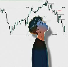 a woman's profile is shown in front of a stock chart with arrows above her head