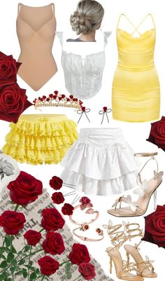 a bunch of different types of clothes and shoes with roses on the bottom right side