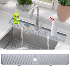 a kitchen sink with cleaning products on the bottom, and in front of a window