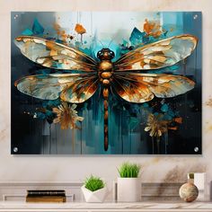 a painting on the wall of a room with flowers and a dragonfly in it