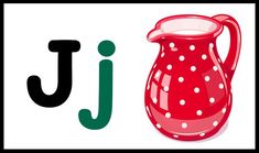 the letter j is for jug with polka dot pattern and green letters on white background