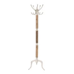 a white coat stand with two coats on it's legs and an iron rod