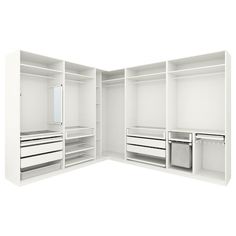 an open white closet with drawers and shelves