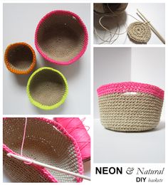 crocheted baskets are shown with yarn and needles in them, along with the words neon natural diy basket