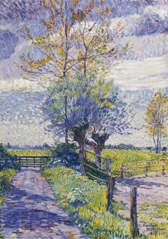 a painting of a country road with trees and mountains in the background