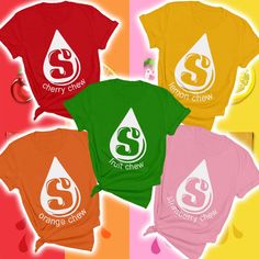 four different colored shirts with the letter s on them and an orange, red, green, blue, yellow