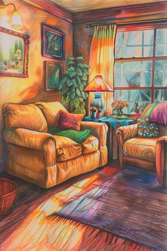 a colored drawing of a living room with couches and lamps on the windowsill