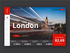 the landing page for london is displayed in red and white