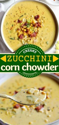 two bowls of zucchini corn chowder with a spoon