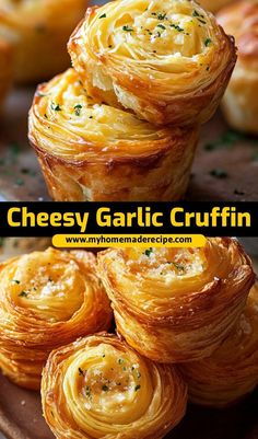 several different types of pastries stacked on top of each other with the words cheesy garlic crufffin