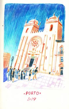 a drawing of people standing in front of a church with the words porto written on it