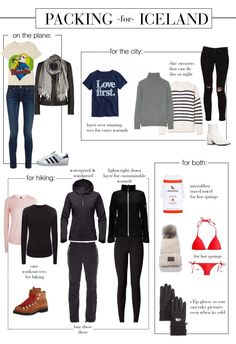 an image of packing for iceland with clothes and accessories on it, including sweaters, pants