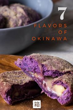 two purple desserts cut in half on a cutting board with the title 7 flavors of okiwa