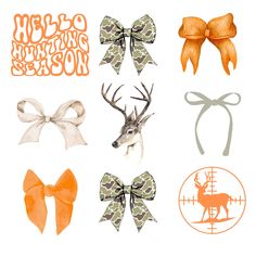 an assortment of bows and deer heads on a white background