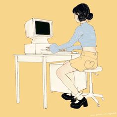 a woman sitting at a desk with a computer on top of her back and legs crossed