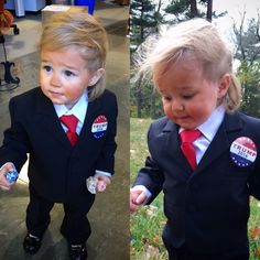 two young children dressed in suits and ties with badges on their lapels, one wearing a red tie