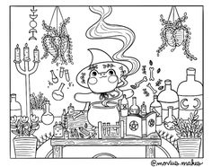 a cartoon witch cooking in her kitchen with bottles and cacti hanging from the ceiling