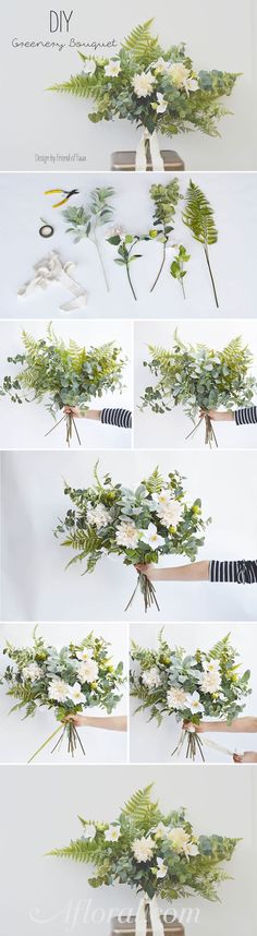 the instructions to make a flower arrangement with greenery