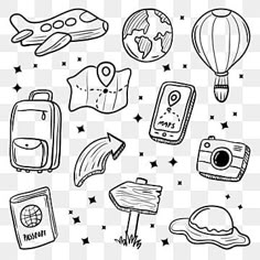 black and white hand drawn doodle style items for travel on transparent background png