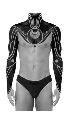 a man wearing a black and white bodysuit with an intricate design on his chest