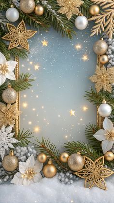 a christmas frame with gold and white ornaments on snow - covered ground next to evergreen branches