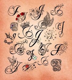 an old fashioned tattoo design with the letter f and symbols in different styles on it