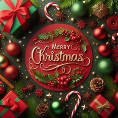 a merry christmas card surrounded by presents and candy canes on a green background with red lettering