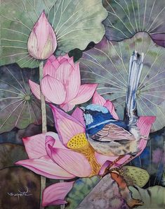 a painting of a bird sitting on top of a pink flower next to water lilies