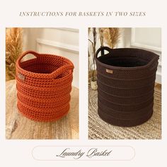 two crocheted baskets sitting next to each other