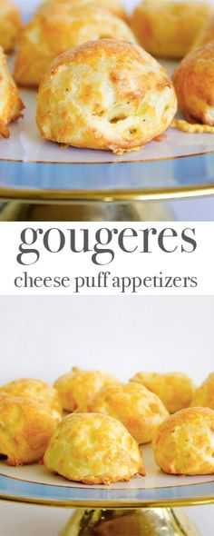 two plates with cheese puff appetizers sitting on top of each other and the words gougeres above them