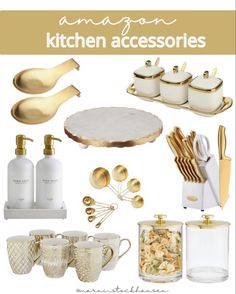 Kitchen accessories from amazon Gold Tray Decor, Gold Kitchen Utensils, White Kitchen Accessories, Amazon Kitchen Decor, Glam Kitchen, Coffee Bar Home, Kitchen Counter Decor