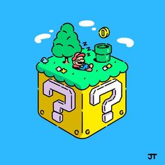 an image of a video game character floating on top of a cube with question marks