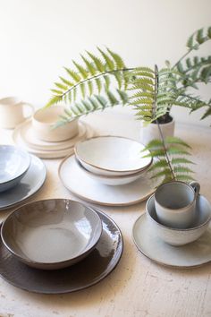 a table topped with plates and cups next to a fern plant in a white vase