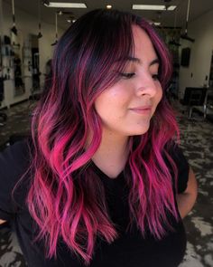 Black Hair with Pink Highlights Dyed Hair Not Roots, Pops Of Color Hair Brunette, Black With Pink Money Piece, Vivid Underneath Hair, Brown Hair With Vivid Color, Hair Color Pink And Black, Hot Pink Highlights In Black Hair, Hot Pink Hair Streaks, Fun Balayage Hair